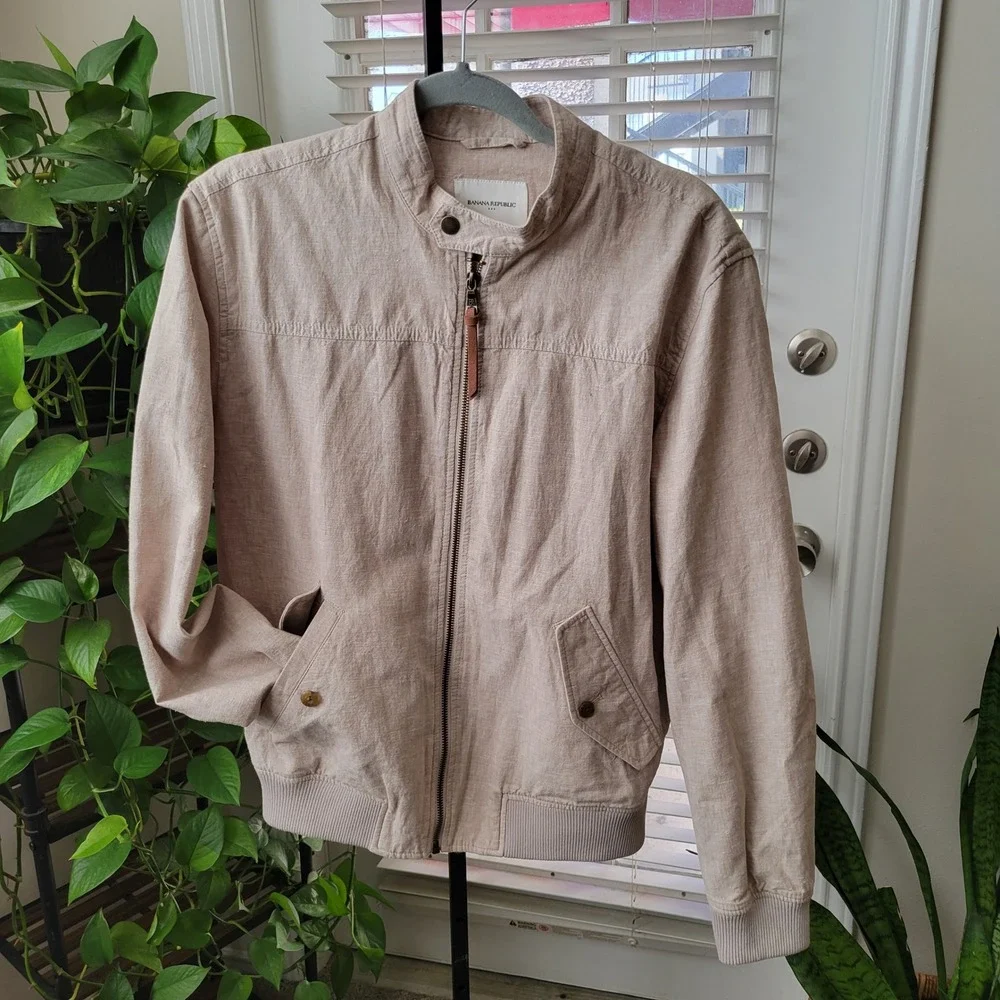 Banana Republic Mens Linen Blend Bomber Jacket Tan Full Zip Small